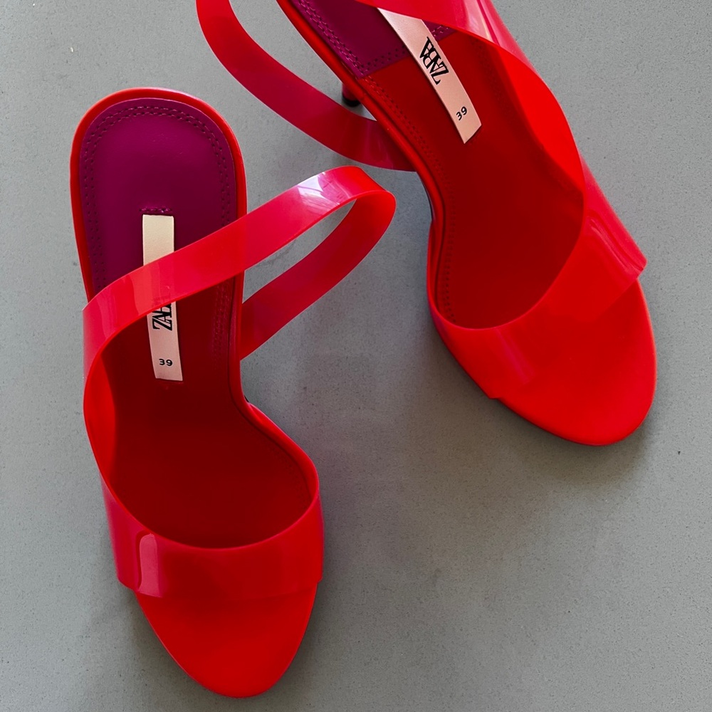Zara Neon Red Heels Sleek Slingback Design